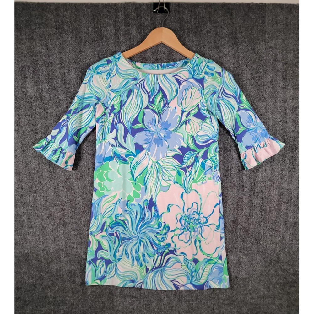 Lilly Pulitzer Girls Sophie Dress Large Half Sleeve Blue Floral Beach UPF 50+